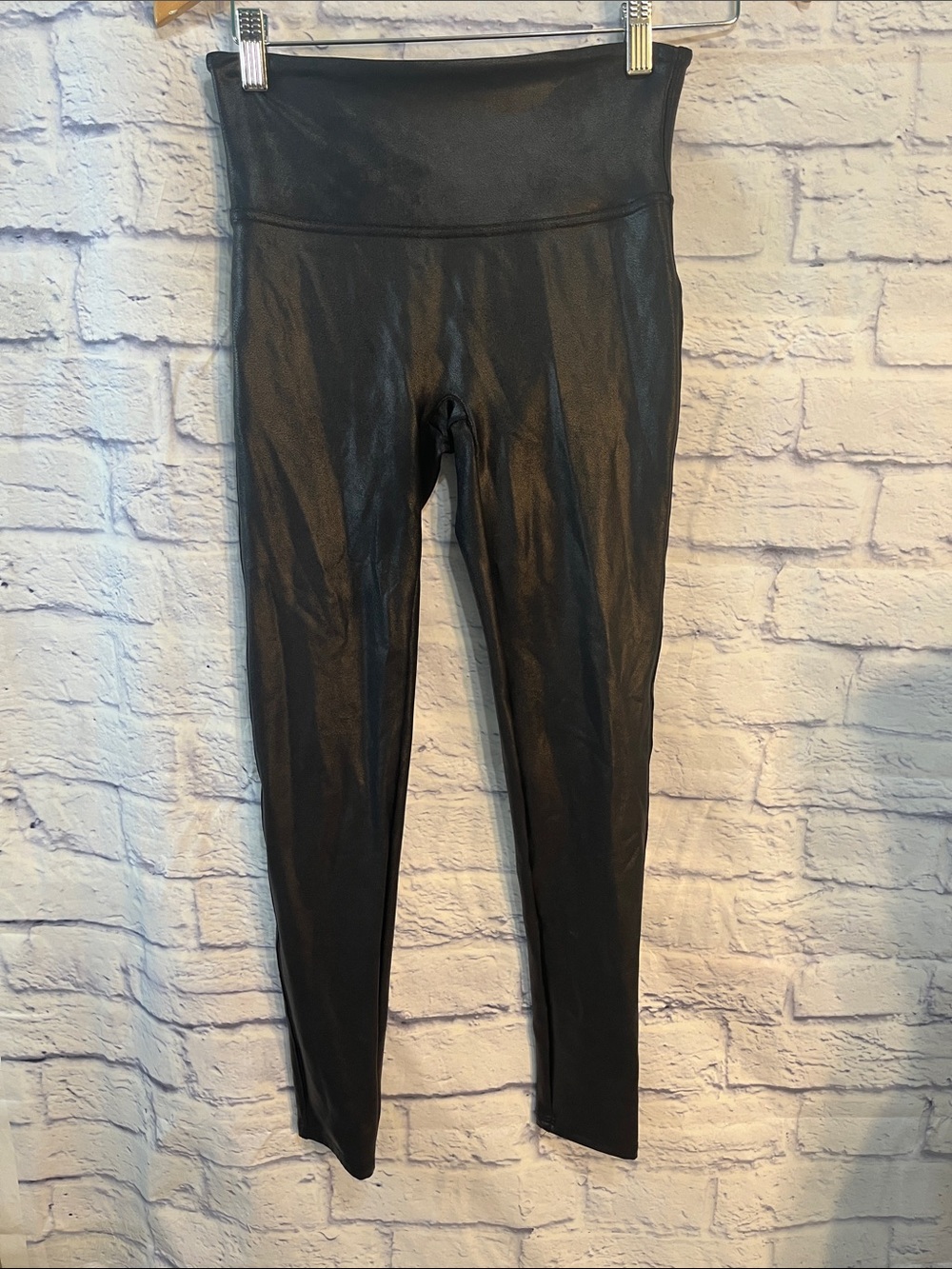 SPANX Faux Leather Leggings Black Size Medium Power Waistband Athleisure